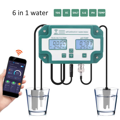 Kadimendium water quality measuring device, highly precise 6 in 1 PH TDS EC SG salt temperature tester with WiFi connection. Ideal for detecting water quality in drinking water. EU plug.