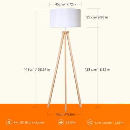 Tomons floor lamp LED dimmable made of wood tripod, Scandinavian style, modern floor lamp for living room, bedroom, study, hotel, and office, white