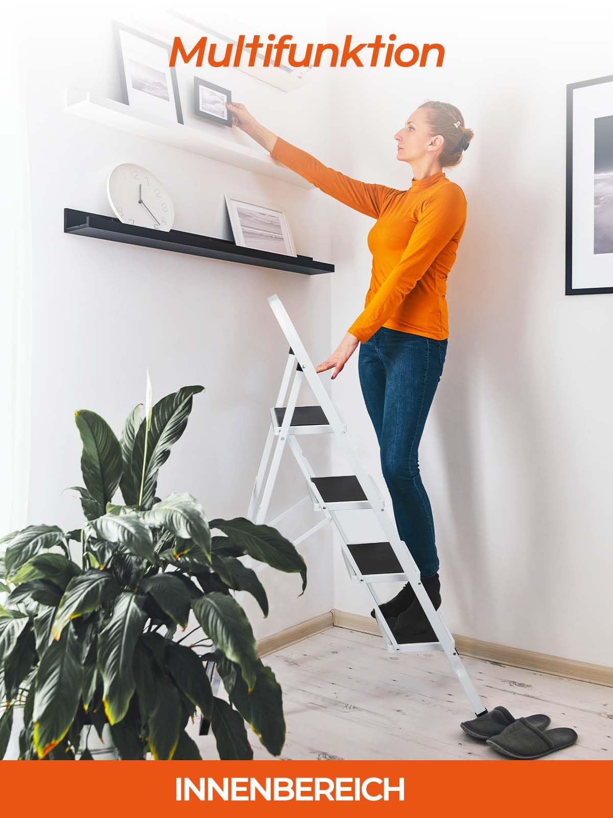 HOUSE DAY Folding 4 Step Ladder with Handle, Step Ladder for Kitchen Home Outdoor Adults, Non-Slip Folding Step Stool for Household and Office, Foldable Ladder Load Capacity up to 150 kg