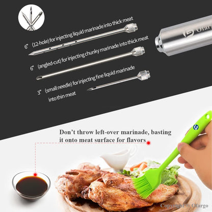 Ofargo Stainless Steel Meat Injector with 3 Marinade Injection Needles for charcoal grills, 59 ml capacity, includes instruction manual (may not be in German).
