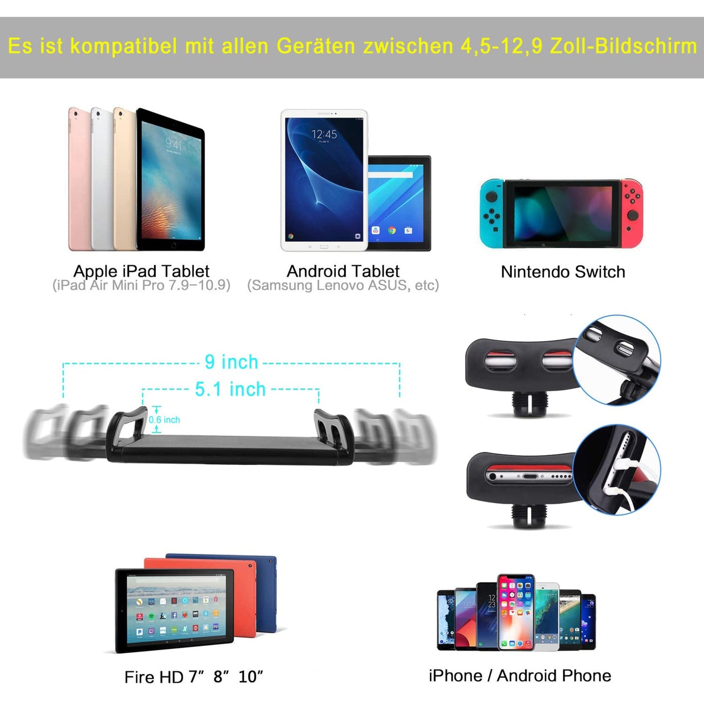 Tablet stand for bed holder - stand holder 360 degree rotatable with stable aluminum arm for iPad, tablets, phones or other devices with 4.5 to 12.9 inch screen.