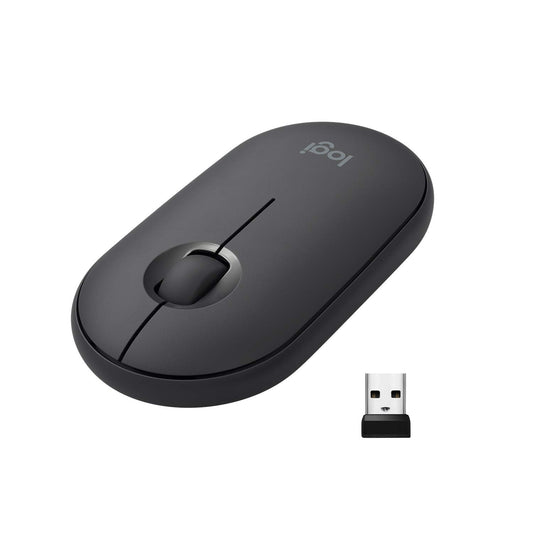 Logitech M350 Pebble Wireless Mouse, Bluetooth and 2.4 GHz connection via Nano USB receiver, 18-month battery life, 3 buttons, silent clicking and scrolling, for PC/Mac/iPadOS - Graphite