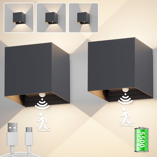 Aipsun 2 Pack Wireless Battery Wall Light with Motion Sensor, 5500mAh Wall Light Up and Down Indoor LED Wall Light, 5W, Aluminum, 3000K Warm White, Suitable for Hallways and Stairs (Anthracite)