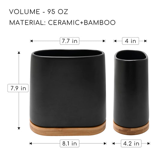 VIREESR Large ceramic countertop utensil holder, kitchen utensil holder with bamboo wood base, cooking utensil holder, easy to clean, tool pot, kitchen tool holder for spatulas and.
