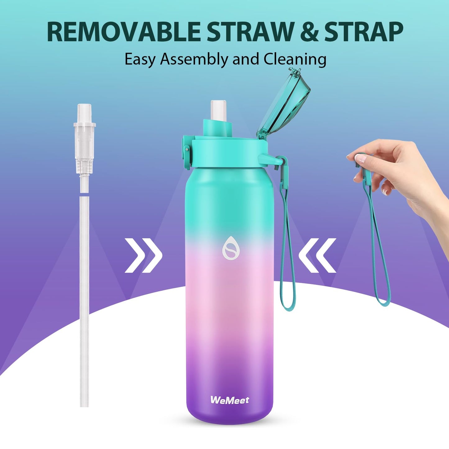 WEMEET stainless steel water bottle 1 liter with removable straw, [18/10 stainless steel] water bottle with removable straps leak-proof double-walled Tritan lid for bike, outdoor, school, gym