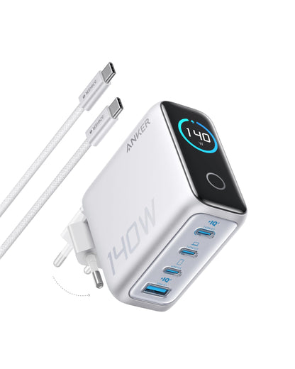 Anchor 140W USB-C Charger, Laptop Charger, 4-Port Multi-Device Fast Charging Power, Advanced GaN Power Adapter, Touch Control, Compatible with MacBook, iPhone 17/16/15, Samsung, Pixel, and more.