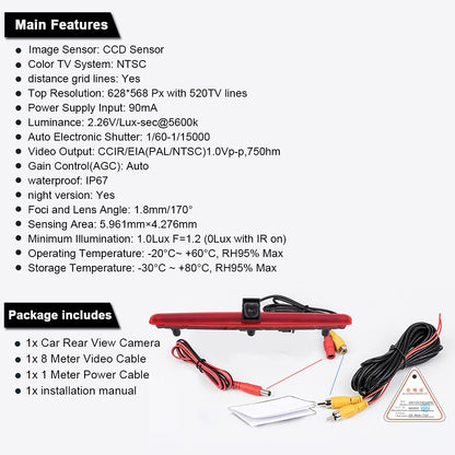 Third Roof Car Original Third Brake Light Rear View Camera, replacement for VW T5 Bus Transporter Multivan Caravelle Business with tailgate third brake light (Not tailgate doors) 2003-2015.