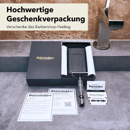 Störtebekker® Premium starter set - with safety razor incl. case (black) and 10 blades + 100 extra Störtebekker razor blades - men's shaving set - for a perfect shave - gift idea for men