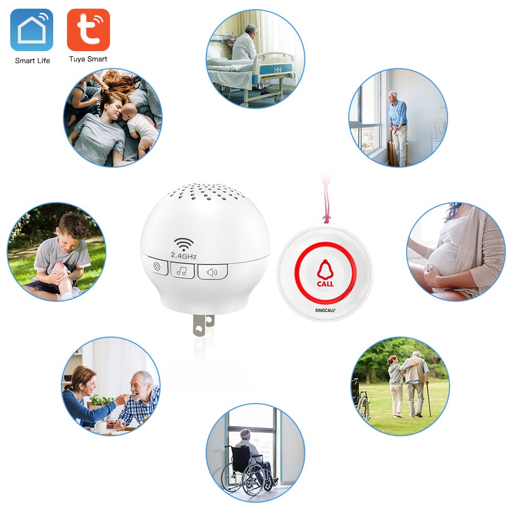 SINGCALL Tuya WiFi Wireless Call System (Equipment Upgrade), alarm system for elderly/patients/pregnant women, wireless call alarm with long range, 1 receiver + 2 call buttons for home.