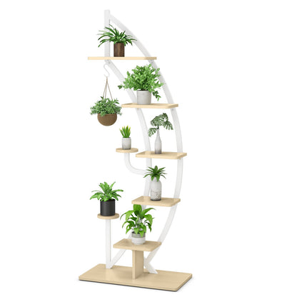 COSTWAY 6-tier Metal Plant Stand in half-moon shape, flower rack with 2 small shelves & top hook, ladder plant stand with anti-tip device, flower pot stand for garden balcony living room (White)