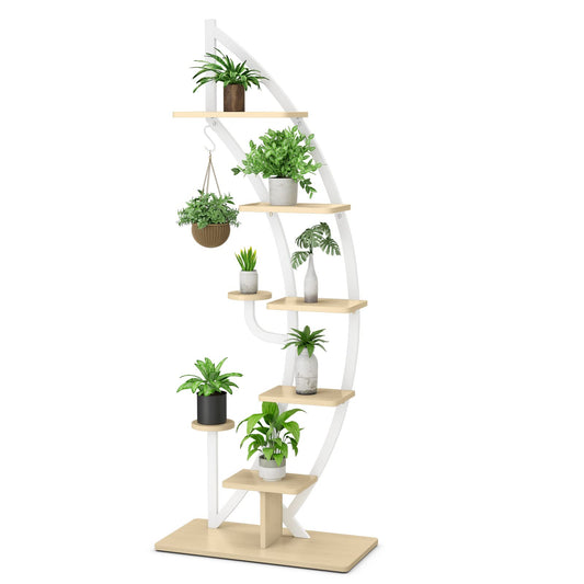 COSTWAY 6-tier Metal Plant Stand in half-moon shape, flower rack with 2 small shelves & top hook, ladder plant stand with anti-tip device, flower pot stand for garden balcony living room (White)