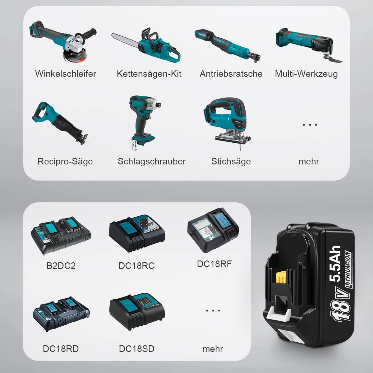 2 pieces battery replacement for Makita 18V battery 5.5Ah, BL1860B BL1850B for construction site radio DMR108 DMR110 DMR107 DMR112 DMR104 Radio with LED tool battery