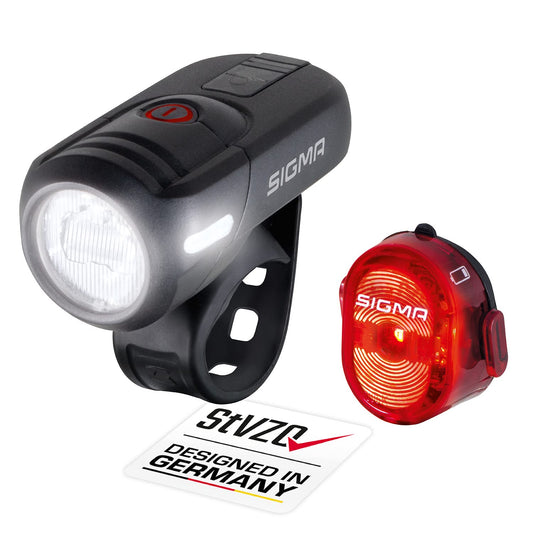 SIGMA LED bike light set Aura45/Nugget II with 45/15 lux | Rechargeable & splash-proof | Tool-free installation | 6-21h battery life | Front and rear bike lights LED set.