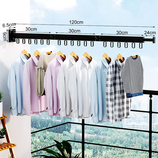 Wall-mounted clothes rack, retractable garment rack with hooks, 360° swivel, triple foldable, clothes rack for balcony, laundry, bathroom (black)