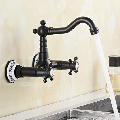 360° Rotatable Wall Mount Kitchen Faucet Brass Antique Wall Mounted Double Handle Sink Faucet Basin Faucet Water Tap Wall Bathroom Faucet Retro Basin Mixer for Kitchen (Black)