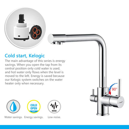 3-way kitchen faucet (drinking water tap with 360° swivel, dual lever, 3-in-1 function for water filter, hot and cold water outlet, high pressure, with 3 hoses 50 cm) stainless steel chrome