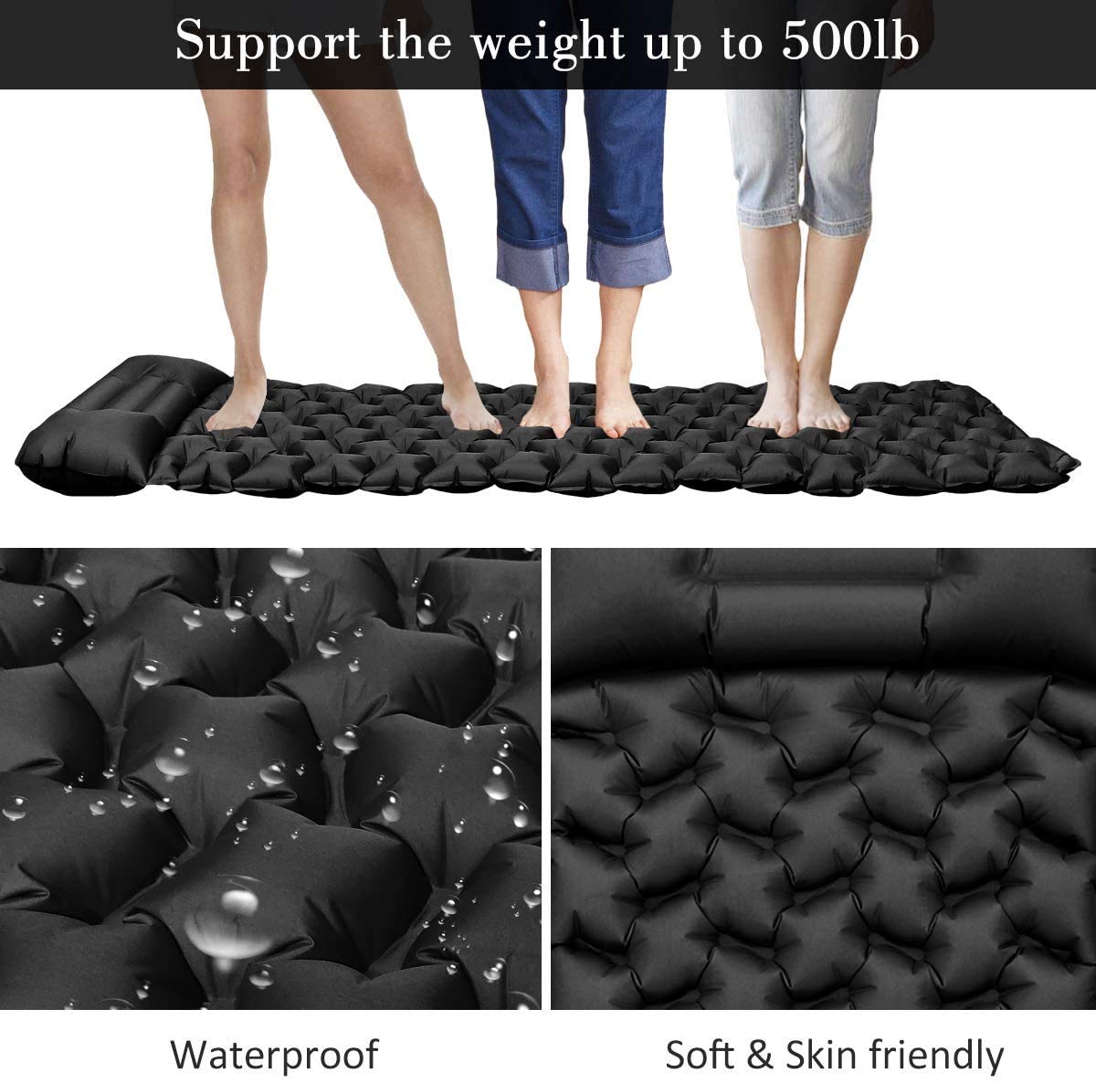 Sundom sleeping pad for camping, ultralight inflatable sleeping pad with pillow, waterproof and moisture-resistant camping air mattress, for camping hiking traveling backpacking black