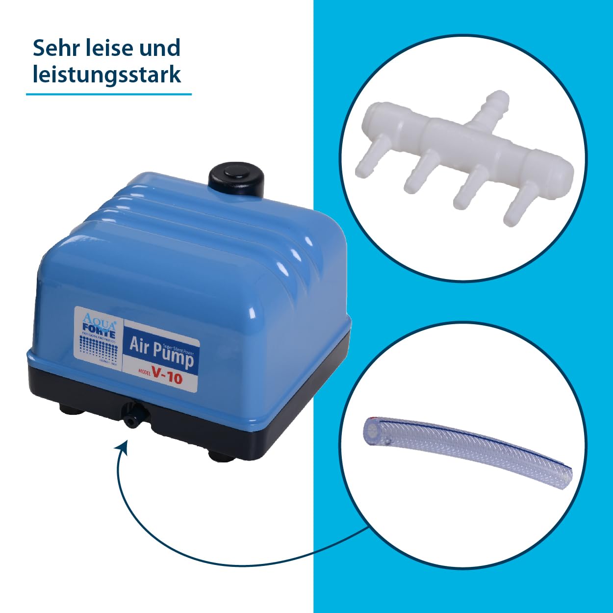 AquaForte Hi-Flow V-20 aluminum casing air pump, 15 watts, 3 liters per minute, max pond capacity 12 m3, DC powered.