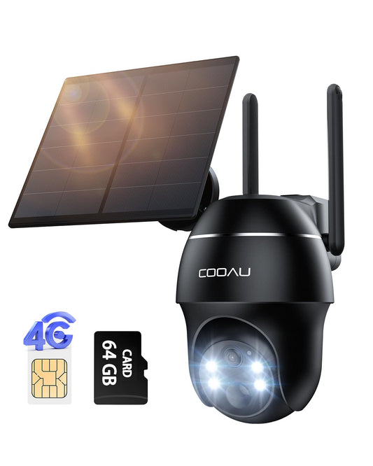 COOAU 4G LTE outdoor surveillance camera with SIM card+64GB card storage+Solar panel, LTE surveillance camera, 2K wireless solar outdoor camera with color night vision, PIR person detection, IP66.