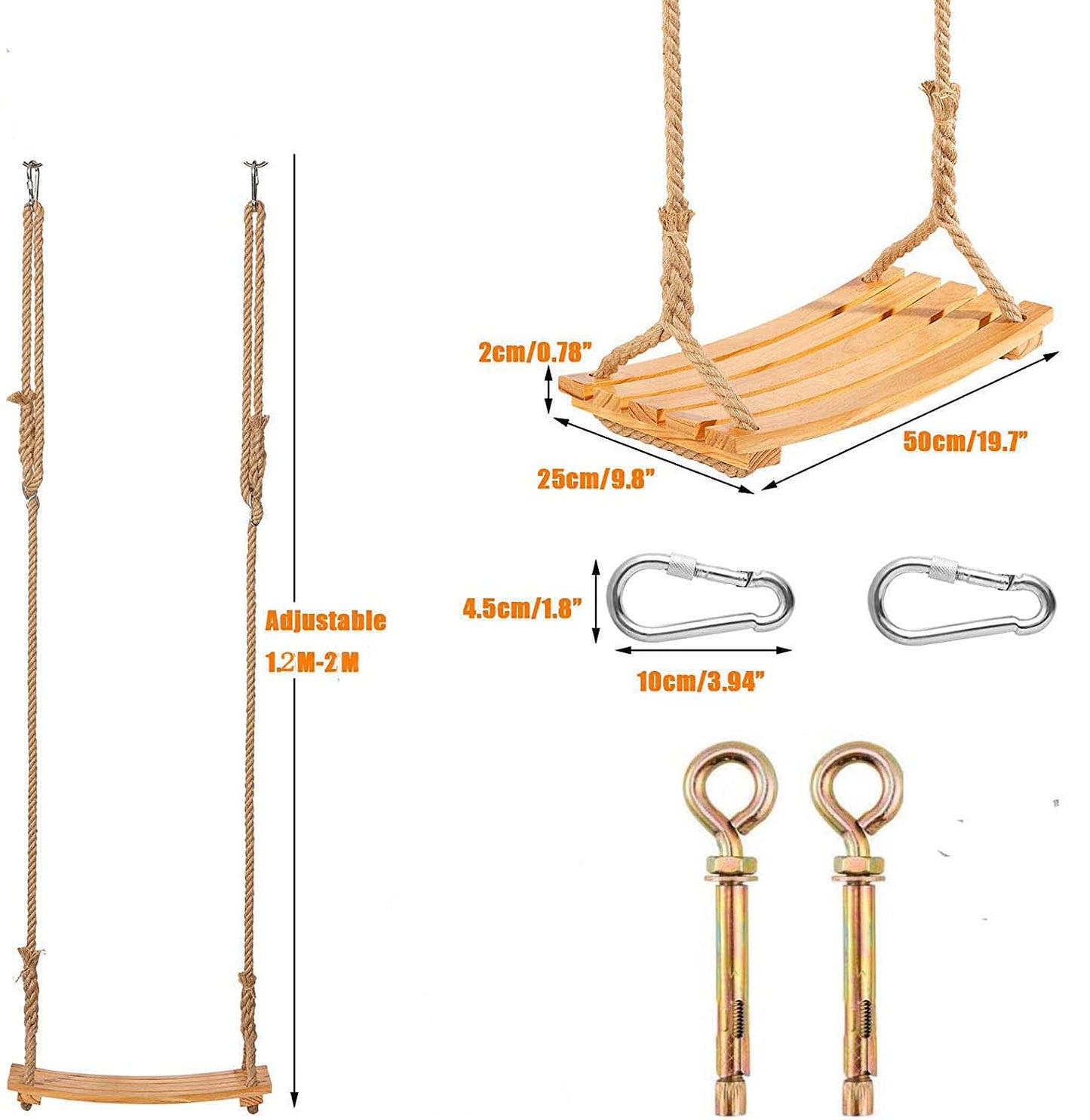 Wooden swing seat for adults kids, outdoor wooden swing with adjustable hemp rope for indoor and outdoor use. Extra wide seat tree swing 19 x 9.8 inches Capacity: 200KG.