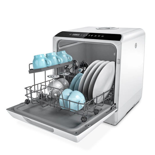 Hermitlux table dishwasher, mini dishwasher can be used with or without water connection, 43 cm wide, space for 4 place settings, suitable for camping, 175 kWh/year, white