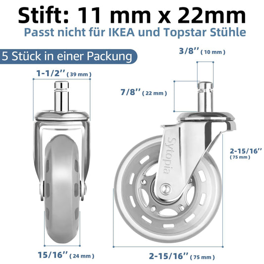 Sytopia office chair casters 11mm, casters for office chairs 11mm x 22mm, rubber office chair wheels 5-piece set for hard floors, parquet, laminate, floor mats, DOES NOT FIT 10mm pin (Silver)
