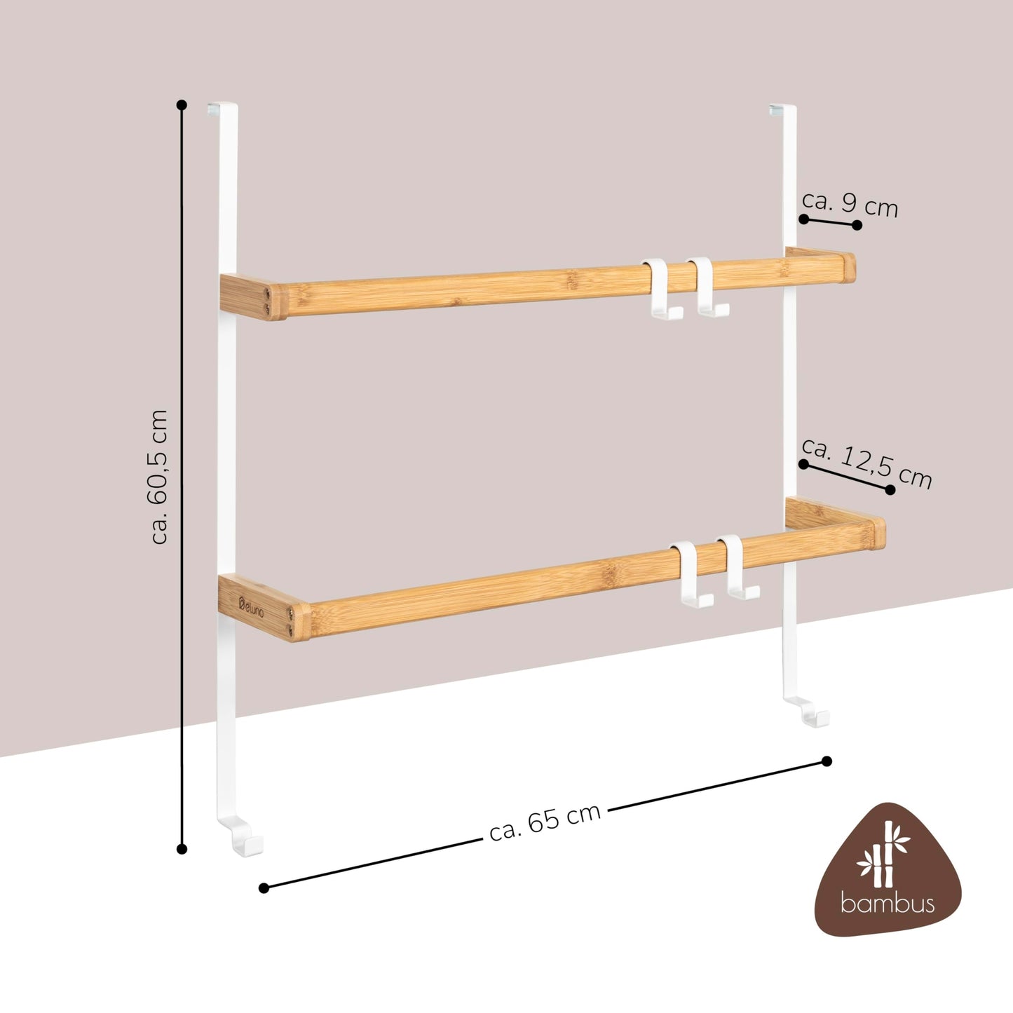 eluno Door Hanging Shelf made of metal and bamboo, door towel holder with 2 towel bars, 4 convenient hooks, for hanging without drilling (White)