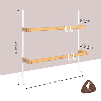 eluno Door Hanging Shelf made of metal and bamboo, door towel holder with 2 towel bars, 4 convenient hooks, for hanging without drilling (White)