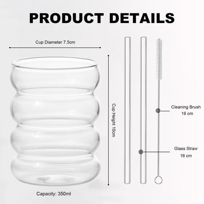 Ribbed Glasses Set (350ml x 6) Cocktail Glasses Wavy Water Glasses Drink Glasses Juice Glasses Drinking Glasses made of glass Glasses for Water Drinking Juice Universal Glasses with glass straws and brushes