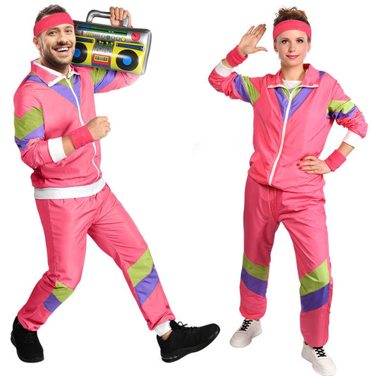 Aomig 90s 80s Costume for Adults, Retro Tracksuit for Men Women, Disco Jumpsuit, Matching Outfit Jacket and Pants 80s Party Bad Taste for Themed Party Carnival (Pink-L)