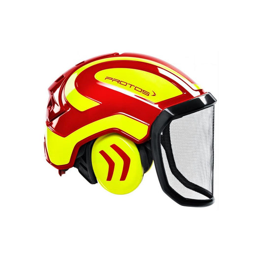 Protos 204002-10-12 Forestry helmet, fine visor, yellow/red