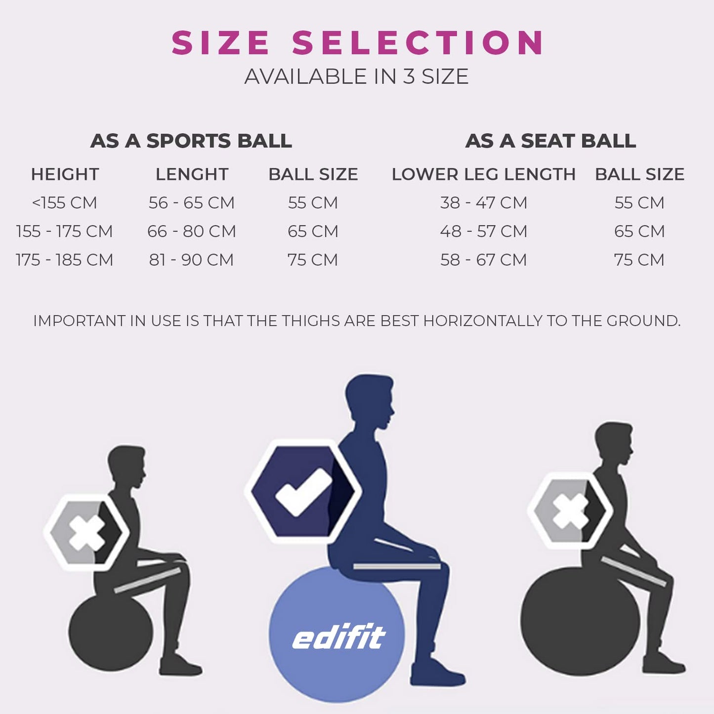 EDIFIT, Gymnastics Ball, 55, 65 and 75, Pezzi Ball, Including Inflator, Pilates Ball, Exercise Ball, Pilates, Yoga Ball, Gymnastics (65cm, Purple)