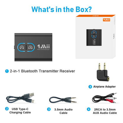 1Mii ML300 Bluetooth 5.3 Transmitter Receiver 2 in 1, aptX Low Latency and Adaptive, Dual Link Bluetooth Adapter for 2 Headphones, Audio Transmitter Jack for TV, Airplane, Fitness, Stereo System, 15h Battery