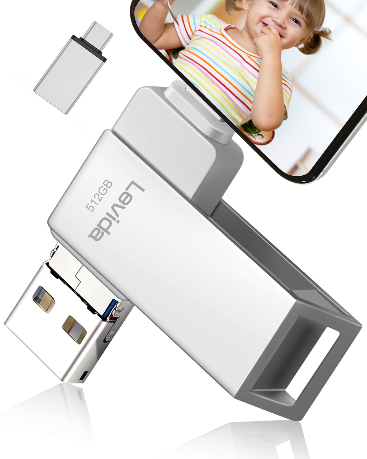 USB Stick 512GB, Levida memory stick USB 3.0 photo stick (mobile storage, rotating design, automatic backup) for iOS, Phone, Android phone, tablet, laptop, and computer, PC, silver