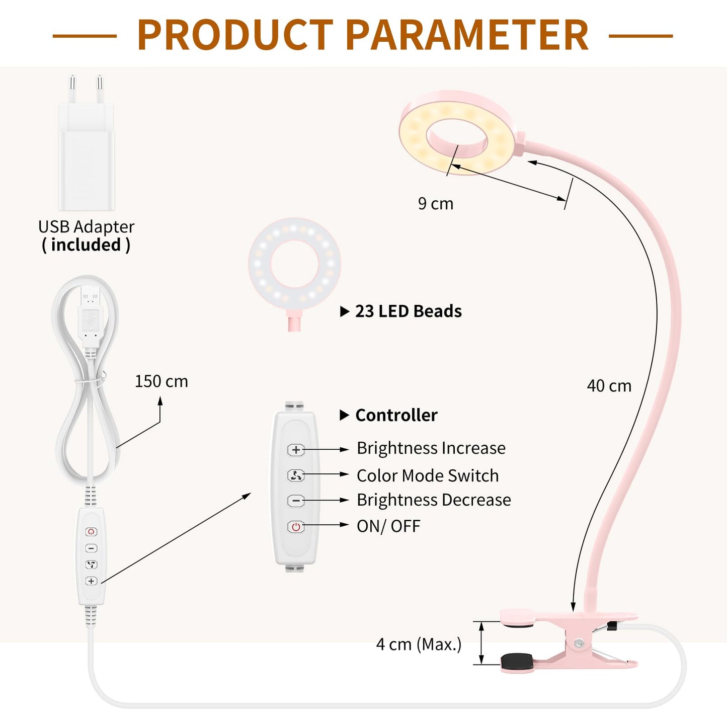 iZEL 23 LED reading lamp for bed with dimmable -【3 modes & 10 brightness levels】 Eye protection clamp lamp with 40cm flexible gooseneck, clip light, reading light with 10W USB charger.