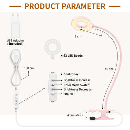iZEL 23 LED reading lamp for bed with dimmable -【3 modes & 10 brightness levels】 Eye protection clamp lamp with 40cm flexible gooseneck, clip light, reading light with 10W USB charger.