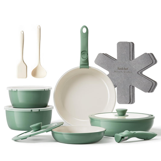 Redchef 16-piece pan set with detachable handle, including pans (20/26cm), deep frying pan (26cm), and pots (18/20cm). Stackable design suitable for all types of stoves and oven-safe. Green color.