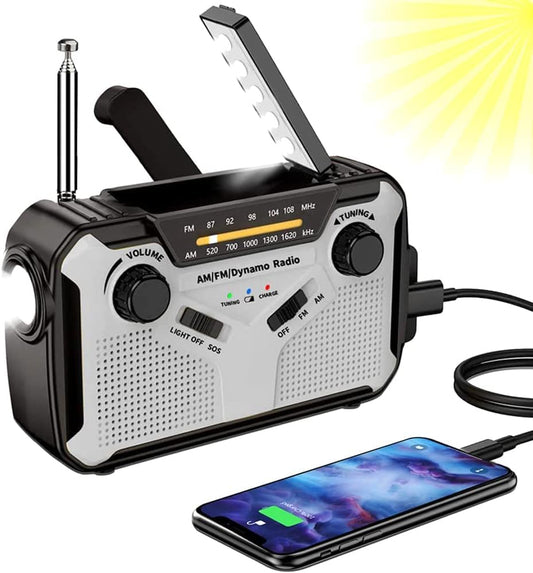 Solar radio, AM/FM portable crank radio dynamo emergency radio with 4000mAh rechargeable battery, LED flashlight, SOS alarm for camping, outdoor, emergency (Grey)