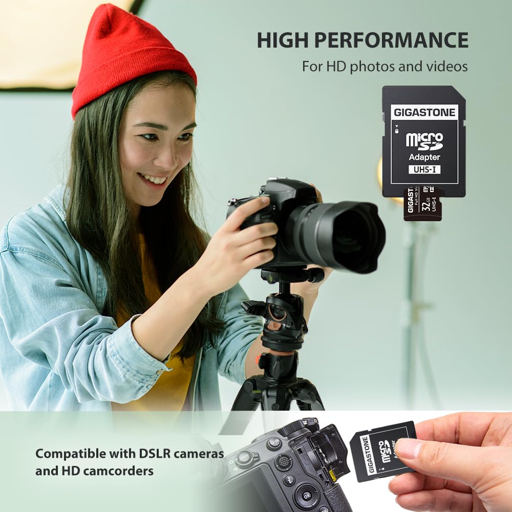 GIGASTONE 32GB MicroSDHC Memory Card 10-Pack + SD Adapter, for Action Camera, GoPro, Drone, and Tablet, Read speed up to 90MB/s, Full HD video recording, Micro SD Card UHS-I Class 10 U1.
