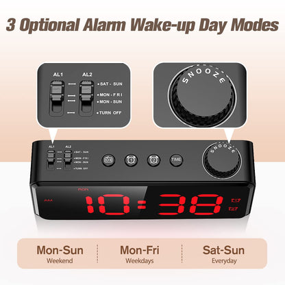 ANJANK Digital Alarm Clock with Radio | Dimmable LED Display | AC Powered with Battery Backup | Dual Alarm with Weekday or Weekend | USB Charging Port | Easy-to-read red numbers for seniors