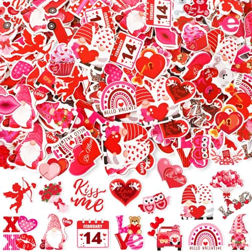 JULBEAR Valentine's Day foam stickers, 300 pieces, cartoon styles, color printed, hearts, self-adhesive stickers for kids, party favors, crafts, decorations.