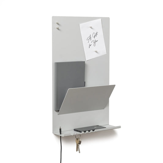 Offering wall organizer shelf made of steel structure. 30 x 9 x 49 cm 3-in-1 wall shelf with magnetic board and magnets. Board for keys, newspapers, and notes. Gray color.