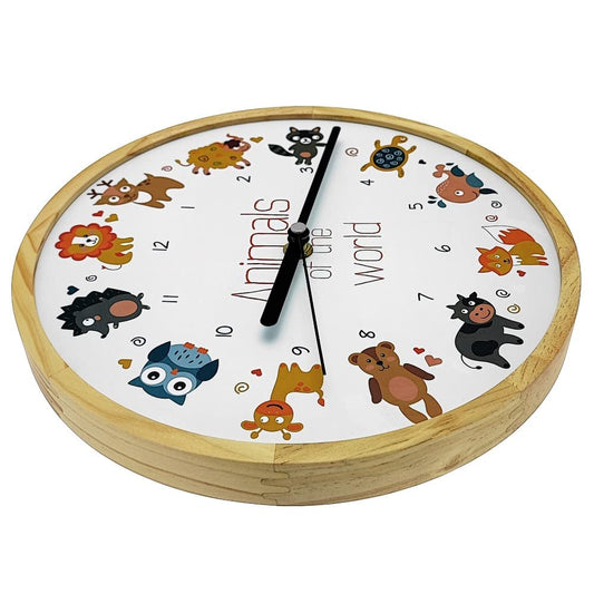 Wooden Nature Kids Wall Clock Children's Wall Clock Boys Girls Fox Lion DEER Dolphin Tortoise Animals Design wooden silent movement without ticking noise silent (Colorful.Animals.Animal)