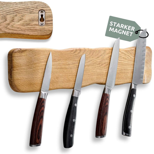 wood4home® Magnetic Knife Strip in light oak wood "La Madera" | Magnetic knife holder for the kitchen | 42 cm x 2.5 cm x 9 cm (WxHxL) | Holds 4 kitchen knives.