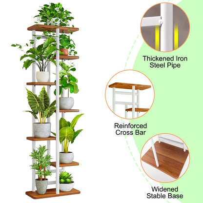 QLFJ-FurDec 7-Tier Plant Stand Holder Indoor, Wood and Metal Standing Flower Pot Shelf, 7-Tier 8-Pot Multi Flower Pot Holder for Balcony Garden Windowsill Corner (8 Pots, White)