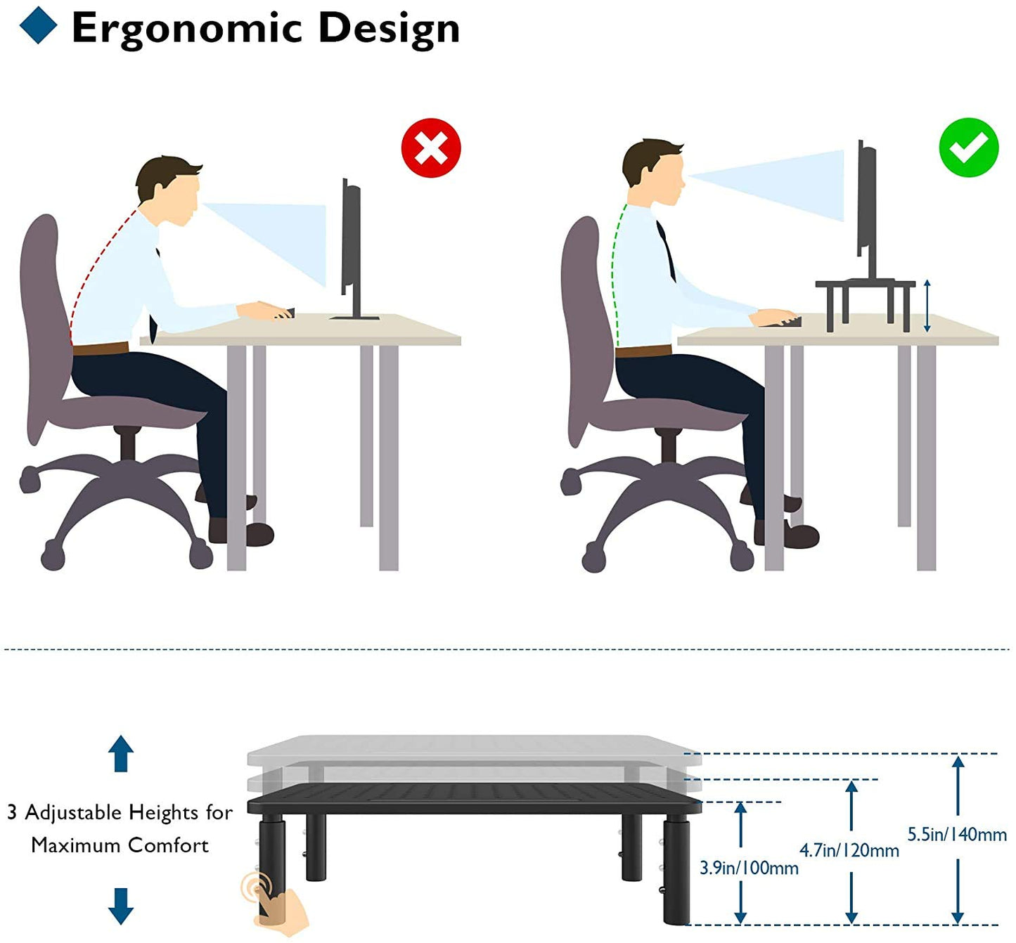 BONTEC Monitor Stand Adjustable Monitor Riser made of high-quality metal. Ergonomic stand for laptop, computer, iMac, PC, printer up to 20 kg, black 2-pack.
