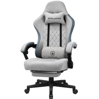GTPLAYER Gaming Chair Ergonomic Gaming Armchair Desk Chair with Fabric Surface, Spring Seat Cushion, Adjustable Armrests and Footrest Gray