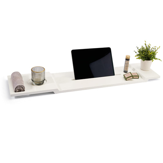 Pampeliška Premium bathtub tray in white with bamboo towel holder. Includes e-book/smartphone/tablet holder, wine glass holder, and candle holder. A luxurious addition to your bath time.