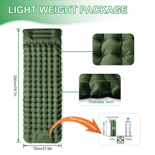 flintronic Camping Self-Inflating Sleeping Pad with Foot Pump, 10CM Thick Waterproof Pad with Pillow, Outdoor Inflatable Air Mattress, Foldable Sleeping Mat for Outdoor, Camping, Army Green