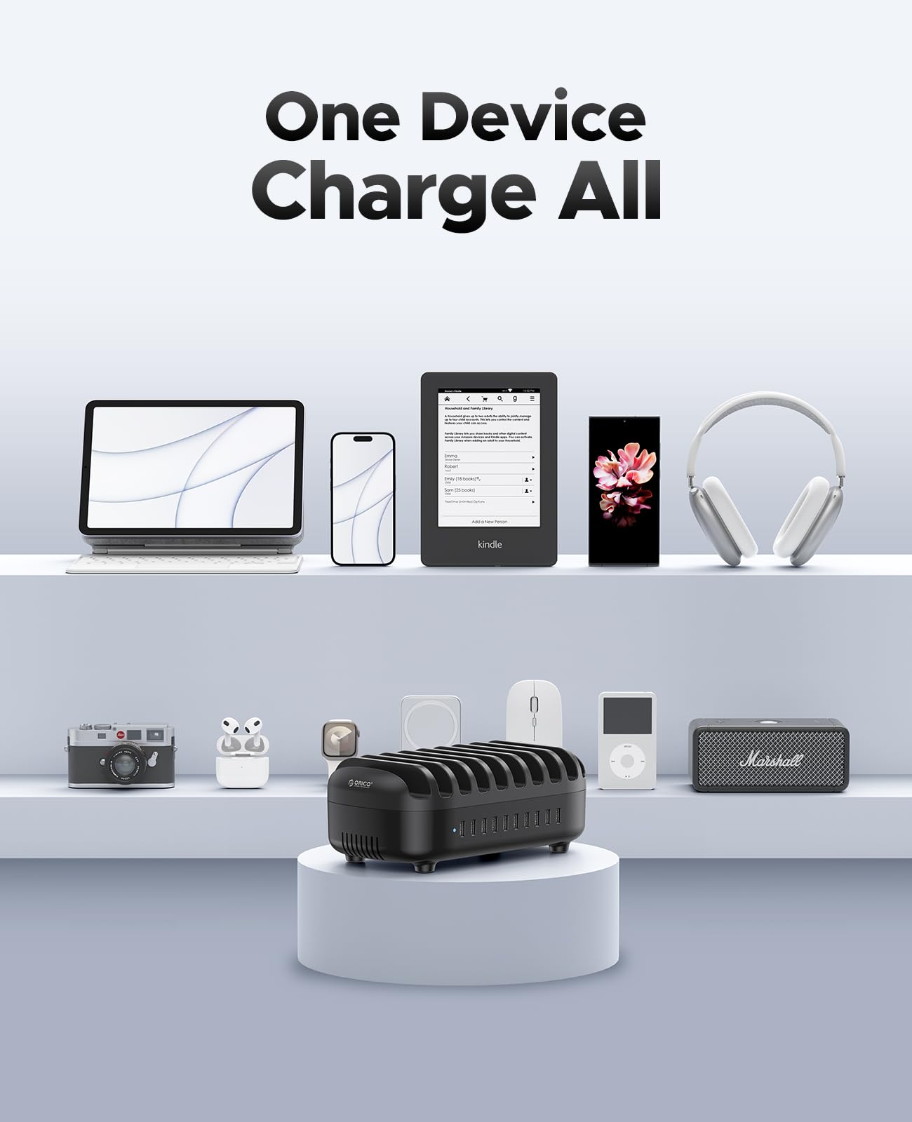 ORICO 120W charging station for multiple devices, 10 USB smart ports Automatic temperature control system, Multi USB charging station compatible with iPad, tablet, and mobile phone (Includes 10 black charging cables)